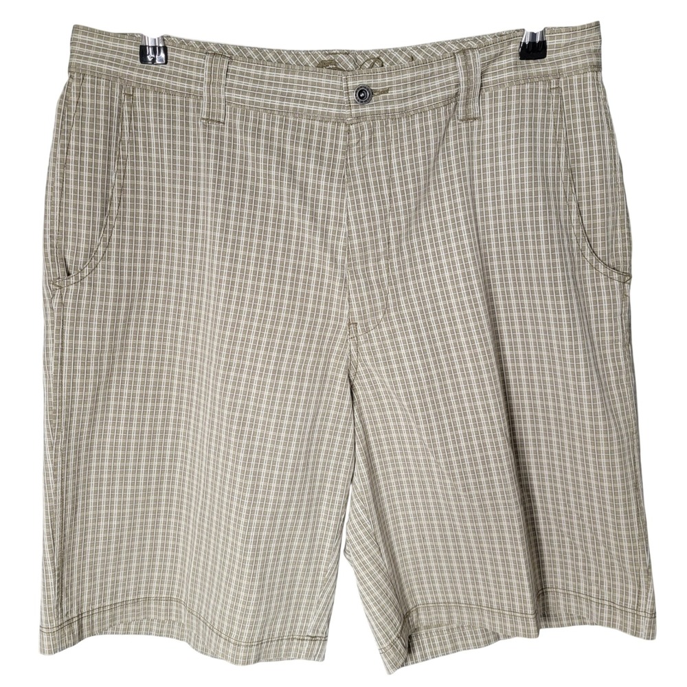 Tommy Bahama Shorts Mens 33 Olive Green Plaid Silk Cotton Blend Flat Front 9"
